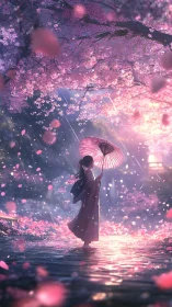 Umbrella girl wandering through rain-kissed sakura twilight.