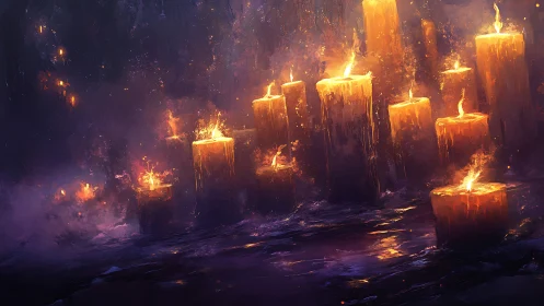Tall burning candles stand in a dark, misty environment