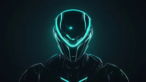 Futuristic neon android portrait with glowing teal visor.