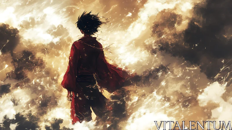 Solitary figure in red robe amid turbulent cloudscape.