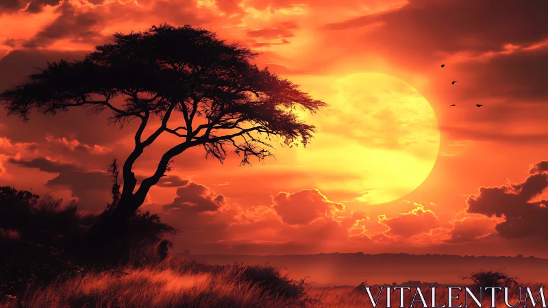 Sun-drenched savanna tree guarding a molten horizon sky.