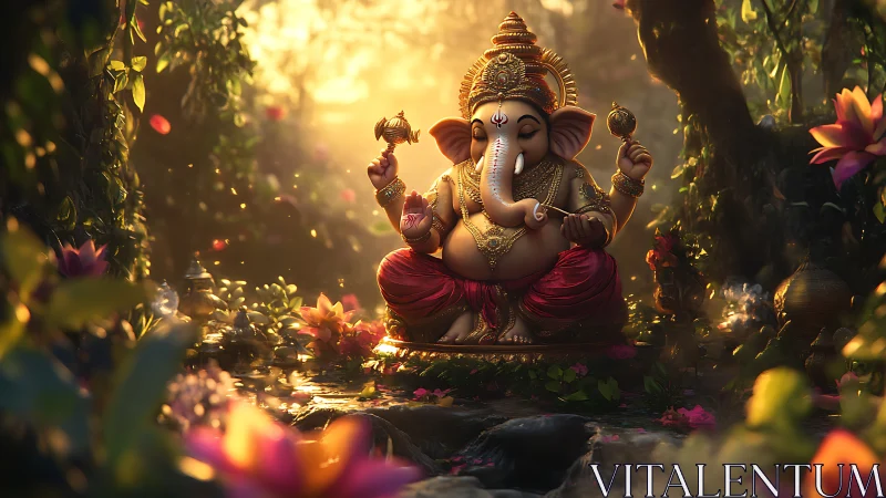 Sunlit forest Ganesha statue quietly orchestrates golden calm