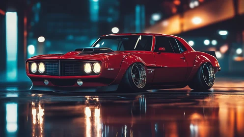 Sleek red muscle car glowing under dreamy city lights.