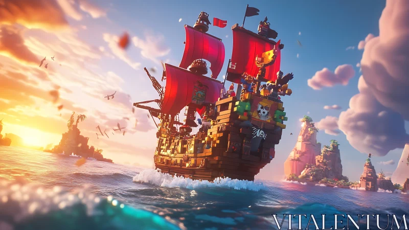 Blocky pirate ship with red sails crossing bright blue sea.