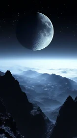 Crescent moon rises above layered, rocky alien terrain