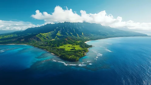 Kauai's Lush Coastline with Dramatic Mountain Cliffs.