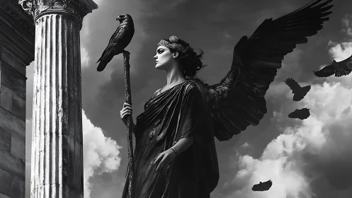 Winged goddess with raven staff amid neoclassical ruins.