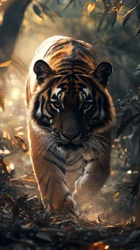 Tiger moving through forest under filtered backlighting.