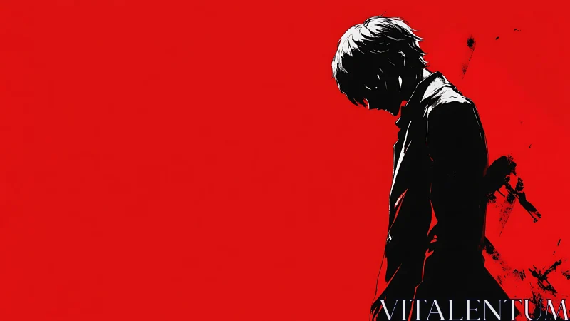 Silhouetted anime figure in high-contrast red negative space.