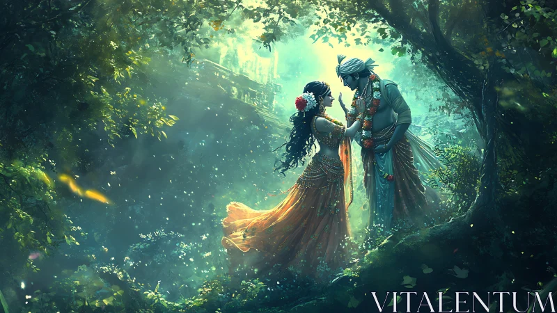 Enchanted lovers shimmer in a moonlit, emerald forest dream.
