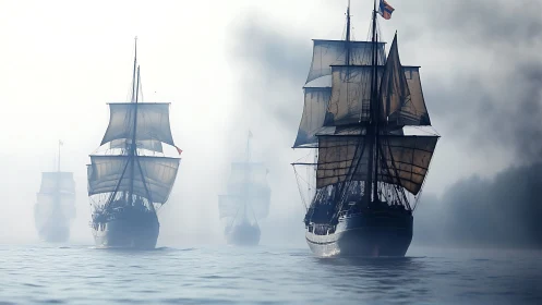 Ghostly tall ships drift through a silver-blue ocean hush.