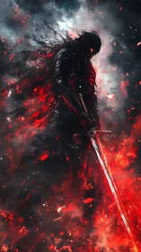 Armored specter amid volumetric embers grips elongated broadsword