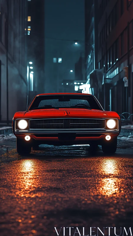 Red muscle car on wet city street at night front view.