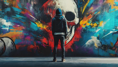 Hooded street artist facing a blazing skull graffiti mural.