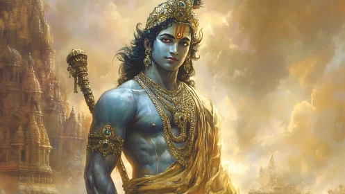 Divine blue-skinned warrior framed by luminous temple clouds