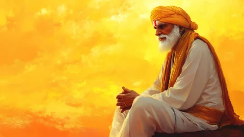 Elderly sage in saffron robes contemplates within radiant sky