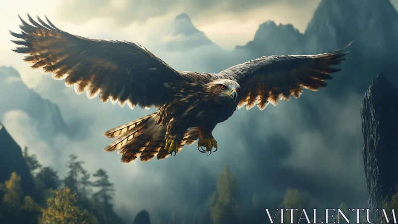 Majestic eagle soaring over misty mountains in photorealistic style.