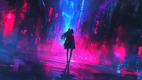 Neon girl crosses vapor-filled cyberpunk alley at dusk.
