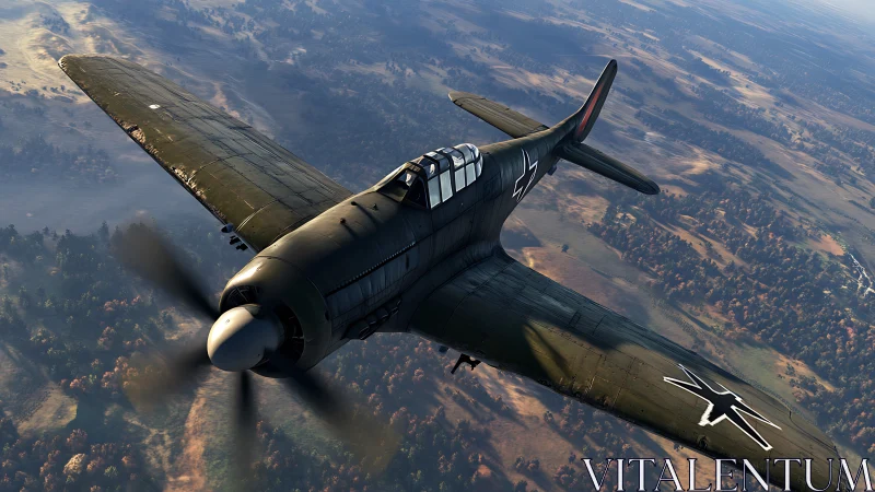 WWII fighter plane soars above autumn landscape in motion