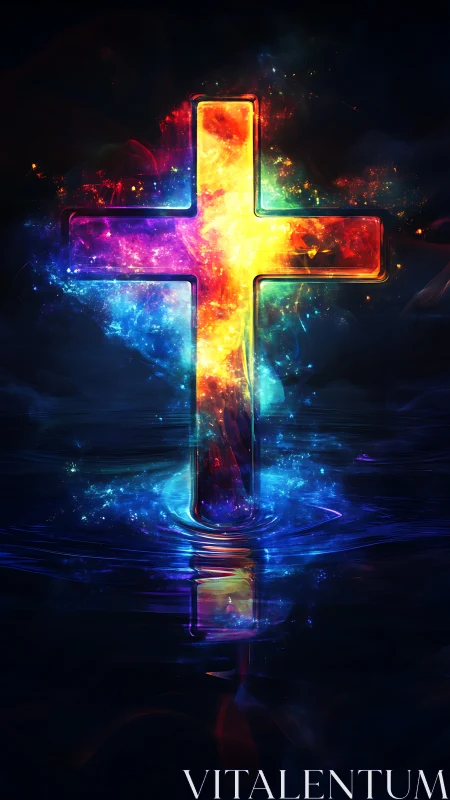 Luminous rainbow cross emerging from rippling dark waters.