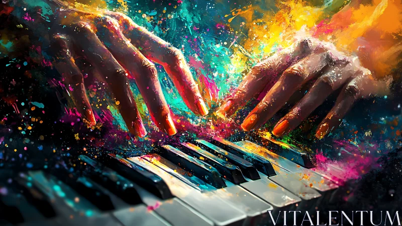 Dynamic hands over piano keys generate chromatic paint bursts