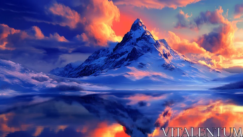 Radiant mountain peak glows over calm reflective waters