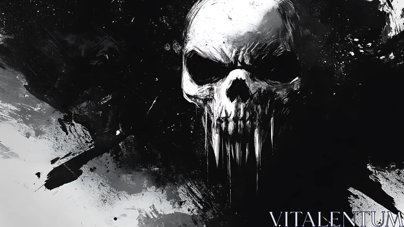 Monochrome skull emerges through jagged ink splatter void