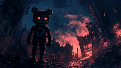 Giant killer teddy bear stalks burning postwar city