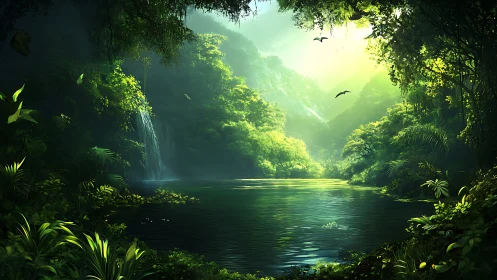 Lush tropical basin with volumetric light and reflective water rendering