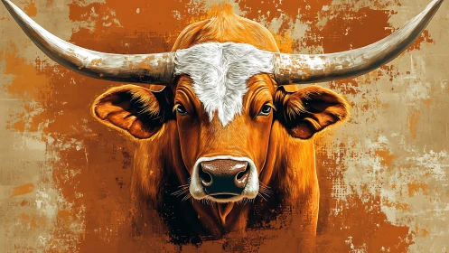 Longhorn cattle portrait dominates bold abstract canvas