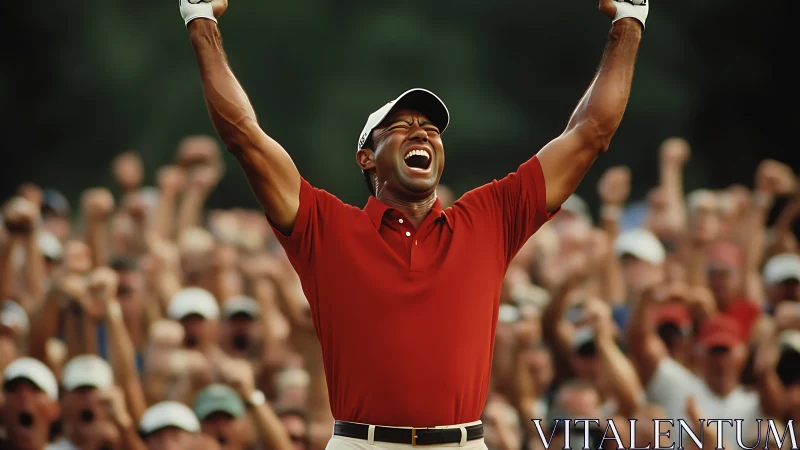 Joyful golfer celebrates a triumphant win with cheering crowd.