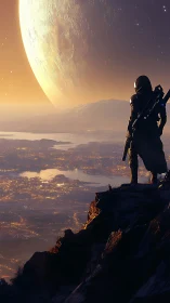 Hooded space traveler observes illuminated city and giant moon