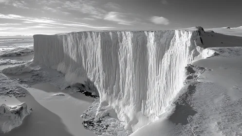 Sheer vertical ice cliff rises from frozen polar terrain