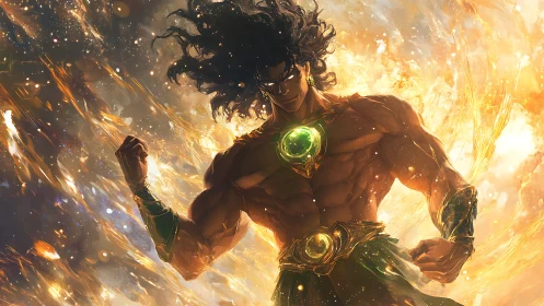 Muscular male figure with glowing green gems amid light field.