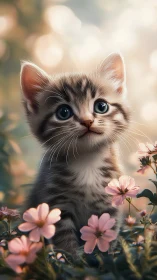 Starry-Eyed Kitten Among Pink Petals Dreams.