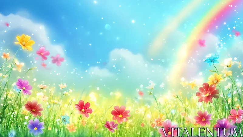 Digital flower field with composite rainbow and atmospheric luminosity rendering