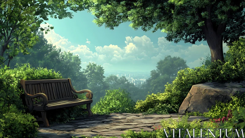 Digital painting of hilltop bench overlooking distant cityscape.