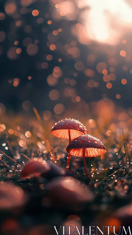 Bioluminescent mushrooms glow under dewy twilight bokeh.