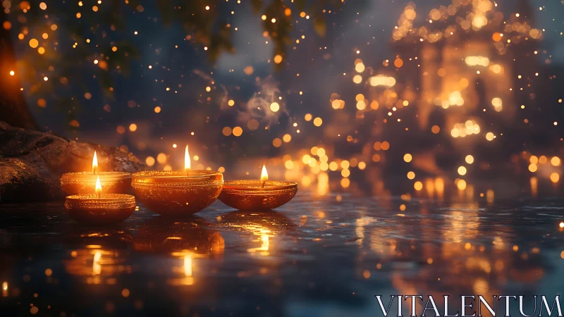 Gentle floating candles glow warmly across a shimmering night