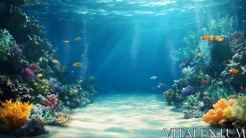 Submerged coral reef corridor displays sand floor and fish