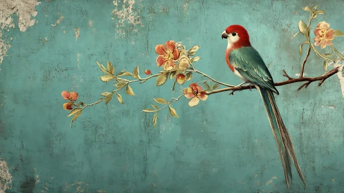 Elegant parrot on flowering branch, vintage textured background.