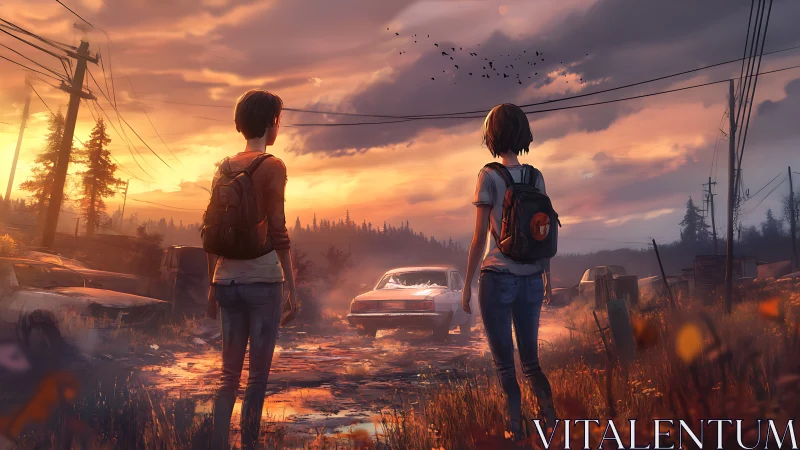 Two backpacked figures on rural road at sunset in ruins.