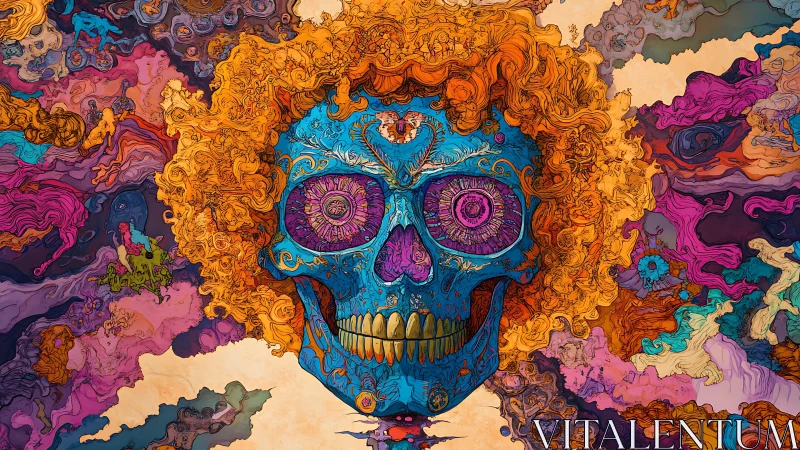 Psychedelic blue skull portrait with fractal curls in orbiting field.