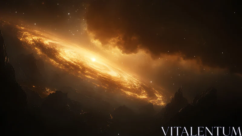 Molten galactic disc blazes above a dark alien horizon