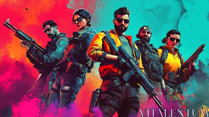 Tactical strike squad stands against neon smoke assault