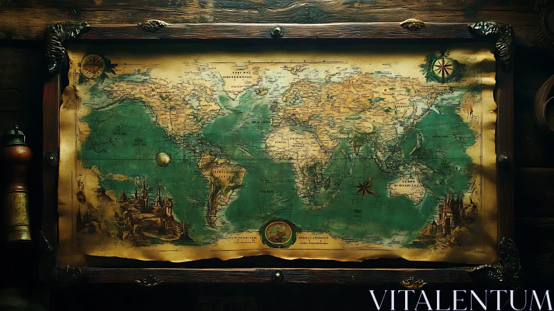 Antique world map glows warmly in a rustic wooden frame