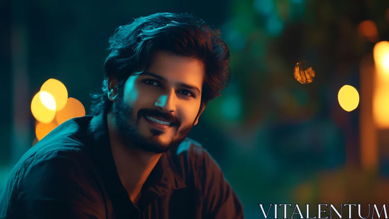 Warm portrait of smiling man in teal and amber bokeh light.