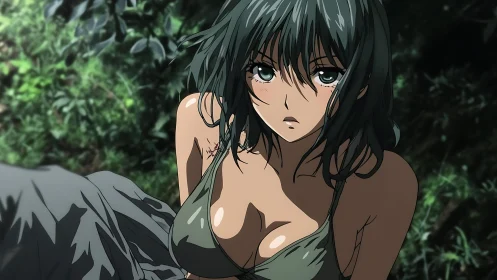 Injured jungle survivor in high-contrast anime rendering.