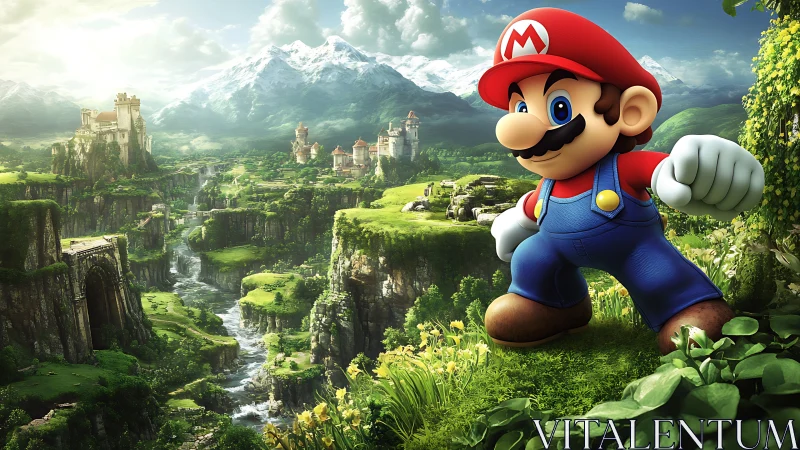 Cartoon plumber character in detailed fantasy landscape.