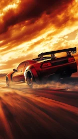 Scarlet drift machine blazing through a molten sunset sky.